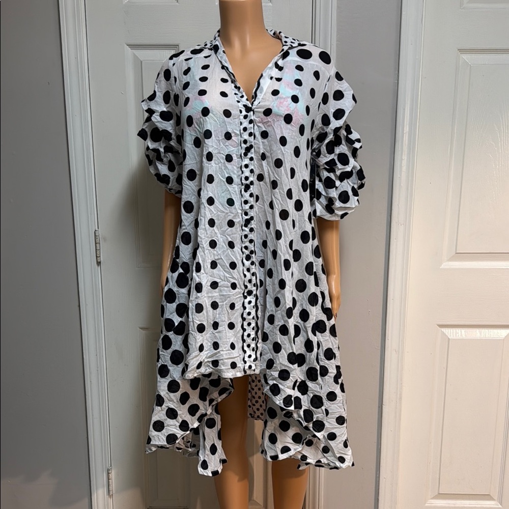 NWT Step In Style Women's White/Black Polka Dot Dress With Puff Sleeve